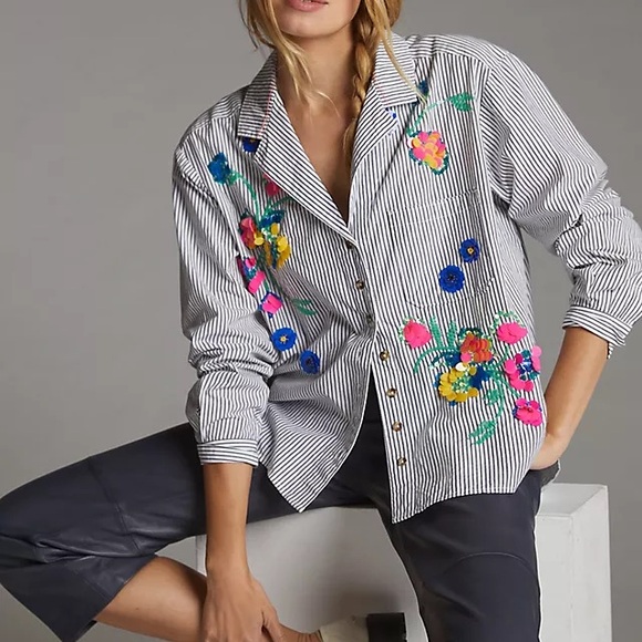 Maeve Tops - Anthropologie Maeve Embroidered Striped Boxy Buttondown Shirt Top XS 2